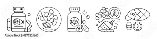 Collection of outlined fish oil and omega-3 supplement icons on white