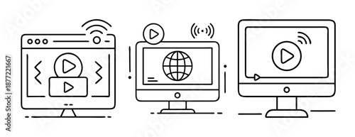 Three computer monitors with video play and internet symbols isolated