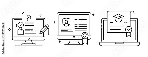 Outline icons of online learning, digital certification, and profile