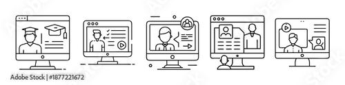 Set of diverse line art icons illustrating online education and remote