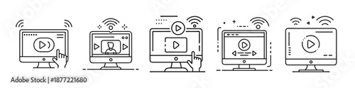 Computer monitors with play buttons and wireless streaming icons