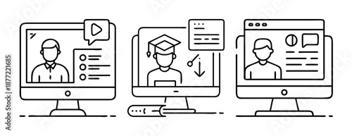Set of Online Education and Virtual Communication Line Art Icons