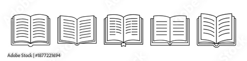 Simple line art illustration of five open books displaying text on a