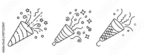 Hand-drawn black outline party poppers with confetti on white background