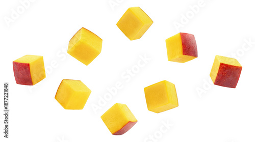 Slika na platnu vibrant diced mango cubes, a mix of bright yellow and hints of red peel, artfully arranged in a circular formation against a dark backdrop