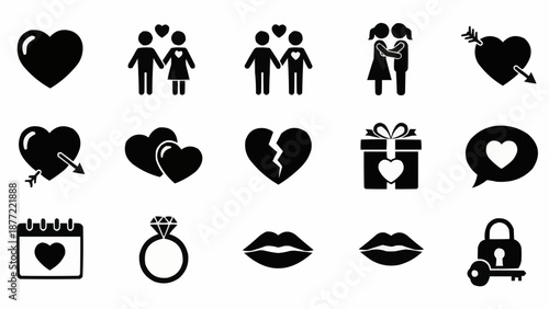 Collection of romantic love icons and symbols for Valentines Day.