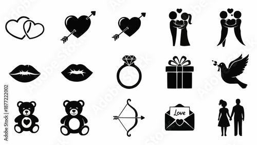 Collection of romantic symbols and icons for love and relationships.