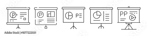 Set of five outline presentation screen icons for business topics