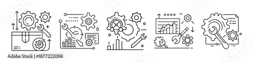 Line art vector icons for engineering, process management, and data