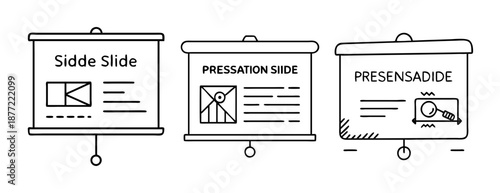 Minimalist outline graphics of three presentation slides with content