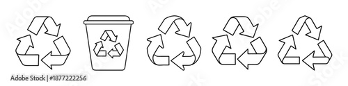 Collection of various black outline recycling symbols and a disposal cup
