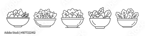 Line art illustrations of five healthy fresh salads in bowls on a white
