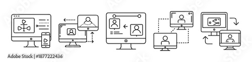 Outline icons depicting digital communication, screen sharing, and video