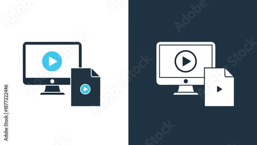 Video Playback and Streaming Vector Icon Set Flat Design. Blue icon bundle. Line and glyph icon set. Outline and solid icon collection. Editable Stroke Flat Vector