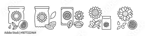 Black and white line art icons of sunflower plants, seeds, and packaging