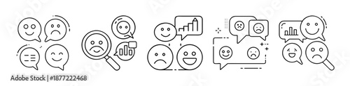 Customer Feedback, Mood, and Data Analysis Line Art Icons on White