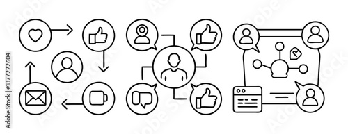User interaction, communication, and social networking line art icons