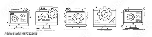 Isolated black line icons for software development and IT processes