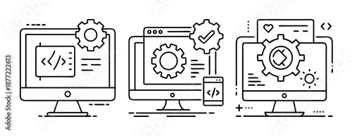 Line art icons illustrating software development and web design processes