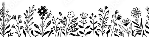 Hand drawn grass and flowers, seamless border, outline, vector illustration