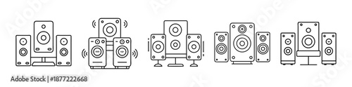 Various Line Art Speaker Systems and Audio Equipment on White