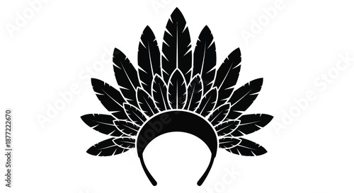 A striking black headdress design featuring meticulously arranged feathers and a curved base silhouette