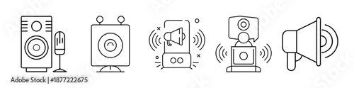 Set of sound and audio equipment line icons on a transparent background