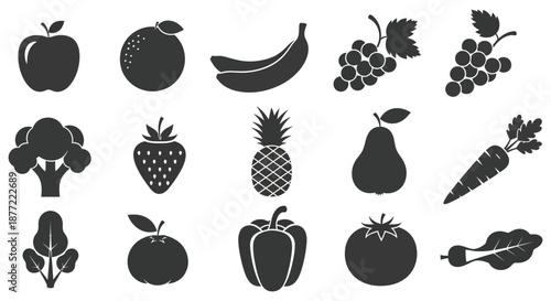 A collection of various fruits and vegetables presented in a striking black silhouette