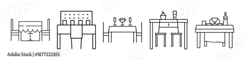 Minimalist line art depicting diverse dining table settings with chairs