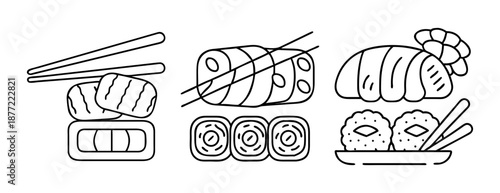 Line art illustrations of various sushi and maki rolls with chopsticks