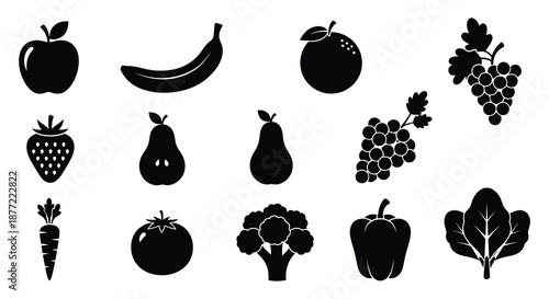 collection of various fruit and vegetable silhouettes in black silhouette high quality professional