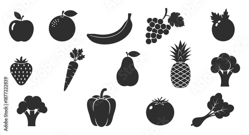 collection of various fruit and vegetable shapes in black silhouette high quality professional
