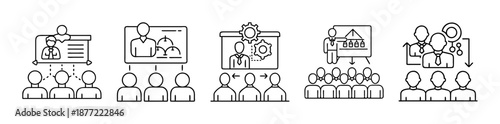 Outline Icons Depicting Business Management, Teamwork, and Organizational