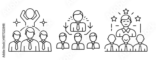 Line art icons illustrating business leadership, communication, and team