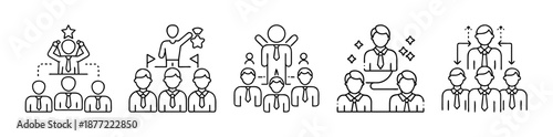 Line art icons illustrating business leadership, success, and team