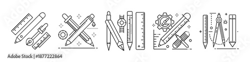 Precision engineering and architectural drafting tools outline icons