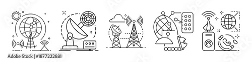 Line art icons depicting global communication, networking, and data