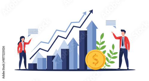 Business man and woman presenting a growing financial chart with rising arrows and several large gold coin symbols.