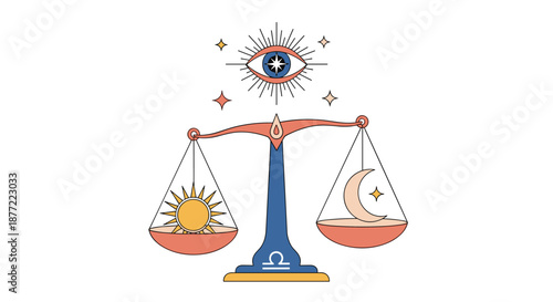 Mystical scales of justice balancing the sun and moon symbols with an all seeing eye above for astrology concepts.
