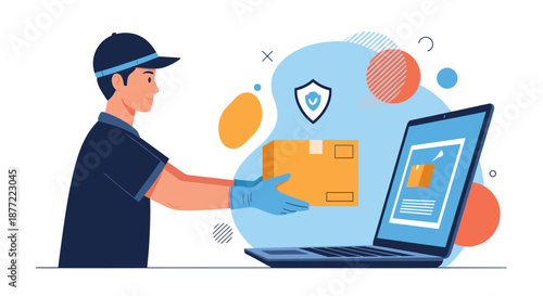 Courier delivering a cardboard package to a laptop screen featuring a security shield for safe online shopping.