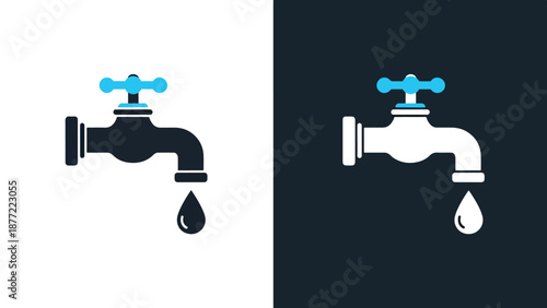 Water faucet dripping leak vector illustration flat design. Blue icon bundle. Line and glyph icon set. Outline and solid icon collection. Editable Stroke Flat Vector