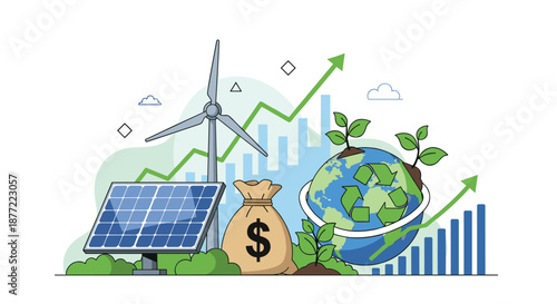 Sustainable development concept featuring wind turbines solar panels money bag and green earth with recycle icon.