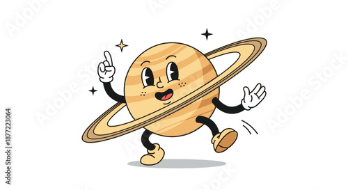 Friendly cartoon character of the planet saturn with rings walking and gesturing in a retro animation style.
