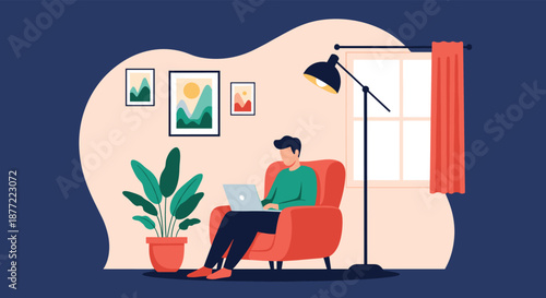 Man working remotely on a laptop while sitting comfortably in an armchair in a stylish modern living room at home.