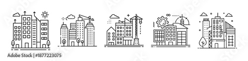 Collection of line art cityscapes showing urban development