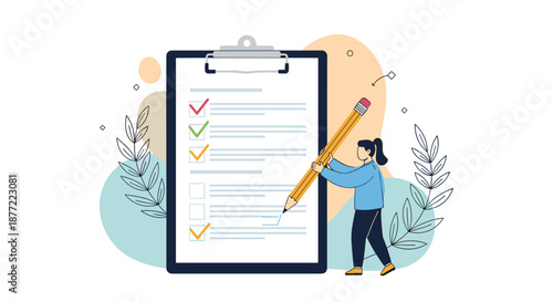 Woman marking completed tasks on a giant clipboard checklist using a large pencil for productivity management.