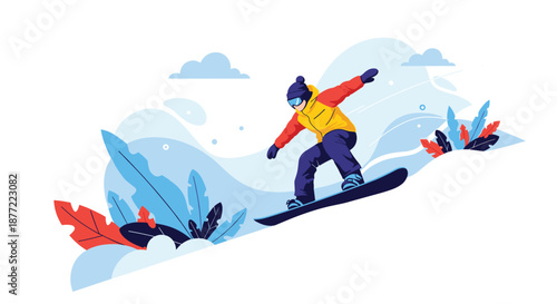 Active person snowboarding down a snowy mountain slope with blue leaves and colorful abstract nature elements.