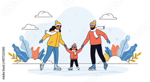 Happy family with mother father and young daughter ice skating together on an outdoor rink during a cold winter day.