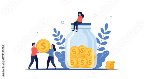 Couple putting a giant gold coin into a glass savings jar with another woman sitting on top for financial goals.