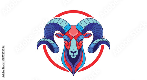 Artistic and colorful illustration of a ram head with large horns inside a red circular frame for a mascot logo.